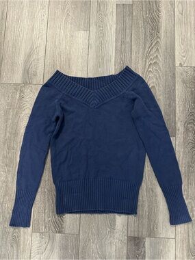 Mango Navy V-Neck Off-Shoulder Ribbed Sweater